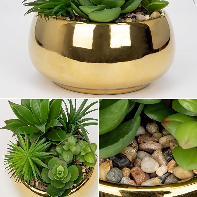 Hollyone Succulents Plants Artificial in Pots Fake Succulents for Outdoors Indoor Faux Succulent Arrangement Potted Plant in Gold Ceramics Planter Bowl for Garden Office Desk Living Room Home Decor