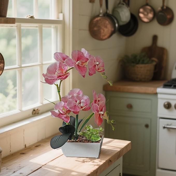 Pink Orchids Artificial Flowers Faux Orchid Plant Indoor Phalaenopsis Look Real With Pot Table Centerpieces Arrangement Lifelike Elegant Home Decor Dining Room Table Shelves Kitchen Decorative Flowers