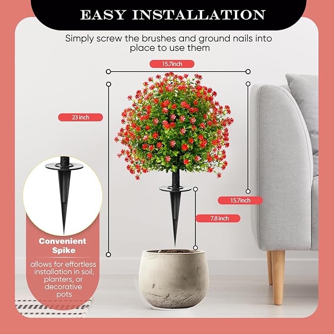 23" Artificial Topiary Boxwood Ball Trees with Ground Spike, Set of 2, UV Resistant Fake Bushes Plants with Camellia Flowers, Faux Cedar Balls Shrubs for Outdoor Indoor Front Porch Garden Decor