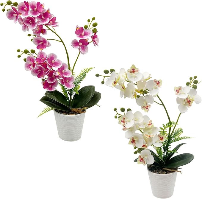Daily Treasures 21-Heads Artificial Orchid Flower in Pot,2 Pack Potted Orchid Plant,Fake Phalaenopsis Flowers with Plastic Vase,Silk Flowers Indoor Decor for Home Table Centerpiece(White & Purple)