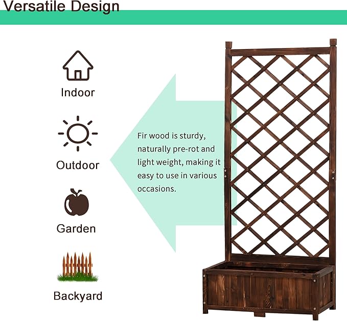 Anraja Raised Garden Bed with Trellis Wooden Planter Box Outdoor Wood Compact Privacy Screen for Climbing Plant Planting Flower Patio Tomato Vegetable Herb Balcony Porch 29.5" L x 17.0" W x 67.0" H