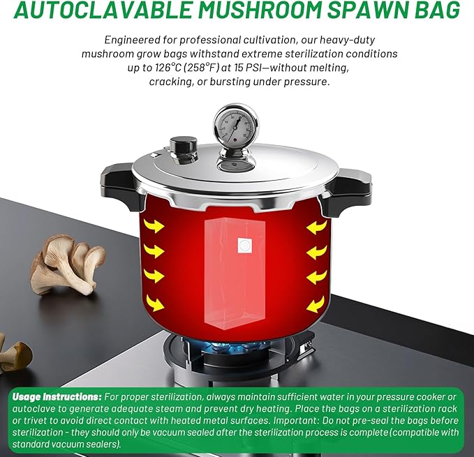 GREANER 6 Mil Mushroom Grow Bags, 8"x5"x20" Large Thick Mushroom Spawn Bags with Breathable 0.2 Micron Filter Patch for Substrates and Grains(25 Packs)