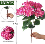 FOTEEWL 16 Bundles Artificial Hydrangea Flowers for Outdoor Decor, Realistic Faux Silk Bouquets Sun-Resistant Fake Plants for Front Door Balcony Farmhouse Garden Home Spring Summer Decor (Rose Red)
