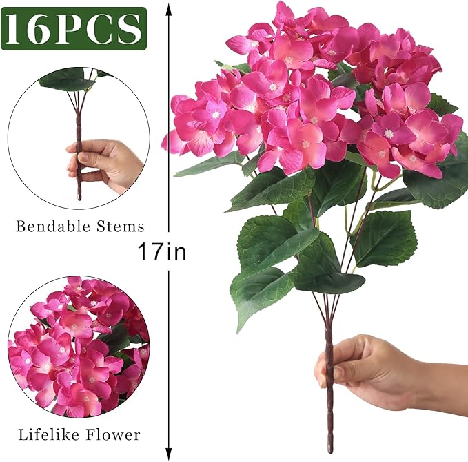 FOTEEWL 16 Bundles Artificial Hydrangea Flowers for Outdoor Decor, Realistic Faux Silk Bouquets Sun-Resistant Fake Plants for Front Door Balcony Farmhouse Garden Home Spring Summer Decor (Rose Red)