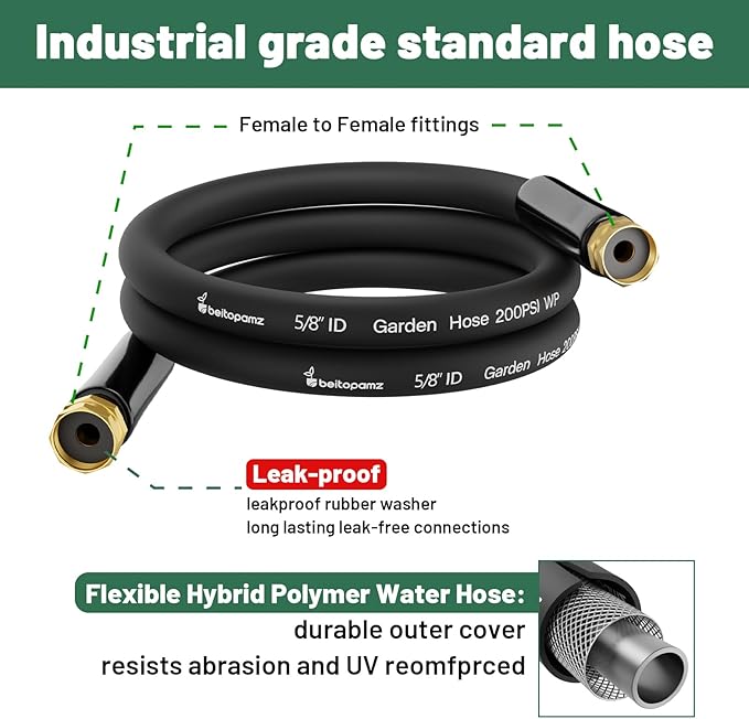 Short Garden Hose 5 ft x 5/8" Female to Female, Heavy Duty Small Water Hose Extender Connector, Leak-Free Connections Hybrid Rubber Leader Hose with 3/4" Double GHT Fittings, Black
