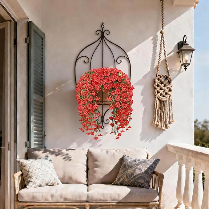 Artificial Hanging Flowers for Outdoors, 2 PCS 300 Blooms UV Resistant Morning Glory Faux Silk Vines, No-Odor Realistic Fake Plants for Garden Planter Porch Patio Decoration, Red
