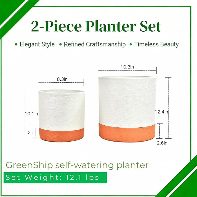 GreenShip Planter Set of 2 (9.8" & 7.8") – Cylinder Planters with Drainage Hole and Planter Saucer, Jun Porcelain Clay & Recycled Resin, Decorate Home,Office & Outdoor,White pots