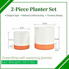 GreenShip Planter Set of 2 (9.8" & 7.8") – Cylinder Planters with Drainage Hole and Planter Saucer, Jun Porcelain Clay & Recycled Resin, Decorate Home,Office & Outdoor,White pots