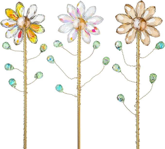 Set of 3 Crystal Sunflower Stakes Suncatchers with 13.4'' Gold Trellis Metal Plant Stake for Indoor Outdoor Garden Potted Plants Decorations Plant Lover Gift (Multicolor)