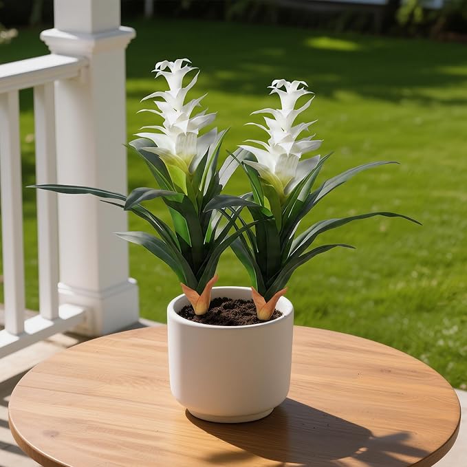 Ivydale Fake Flowers Plants for Outdoors, 2 Pcs 16.93" Bromeliad Artificial Flowers Uv Resistant Realistic Faux Flowers for Outdoor Planters Outside Porch Patio Yard Garden Indoor Decoration(White)
