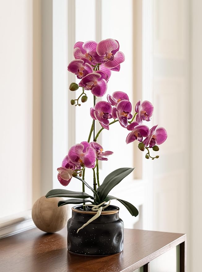 Avoeco Artificial Real Touch Orchid Plant – 20″ Faux Phalaenopsis in Pot – Highly Realistic Silk Orchid Flower & Leaf Texture for Home, Office,Shop & Wedding Décor (Fuchsia, 20”)