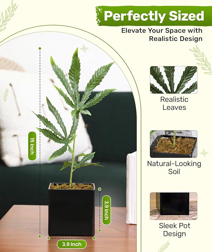 15 Inch Cannabis Fake Weed Plant for Home Decor with Black Pot – Lifelike Artificial Marijuana Leaf, Zero Maintenance Faux Indoor Plant for Room, Office, Shelf, Pranks & Gifts, UV Resistant