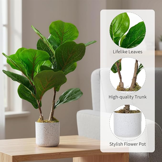 2 Set Fiddle Leaf Fig Fake Plants, 15.7" Faux Green Bonsai Tree with White Marble-Look Pot with Black Speckles, Cement Moss Base, Decorative Artificial Plants Indoor for Home & Office
