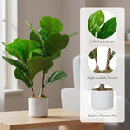 2 Set Fiddle Leaf Fig Fake Plants, 15.7" Faux Green Bonsai Tree with White Marble-Look Pot with Black Speckles, Cement Moss Base, Decorative Artificial Plants Indoor for Home & Office