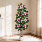 Fiddle Leaf Fig Tree 5FT Tall Artificial Plant, Large Fake Tree in White Planter, Faux Rubber Tree Fake Floor Plant with Magnolia Flowers - Artificial Tree for Home Office Living Room Decor, Pink