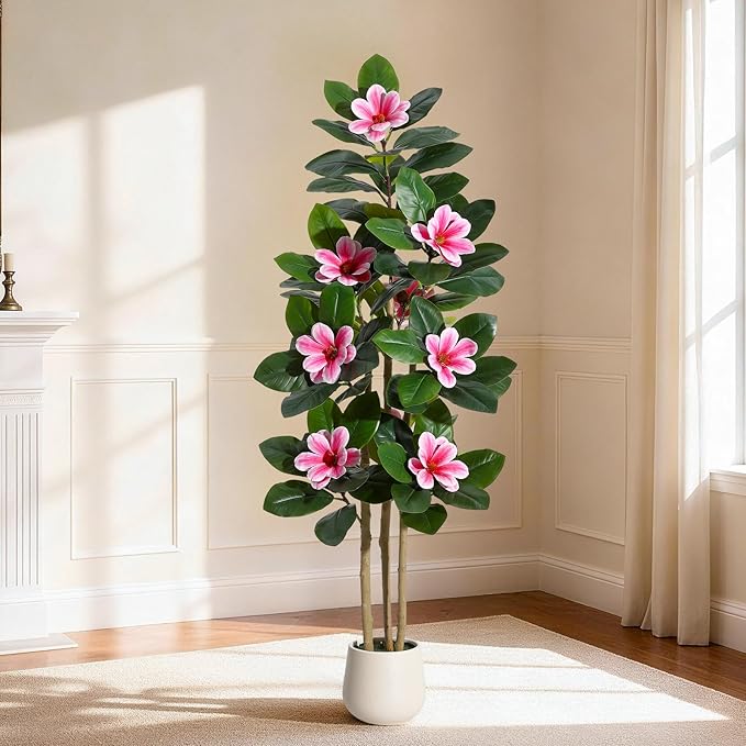 Fiddle Leaf Fig Tree 5FT Tall Artificial Plant, Large Fake Tree in White Planter, Faux Rubber Tree Fake Floor Plant with Magnolia Flowers - Artificial Tree for Home Office Living Room Decor, Pink