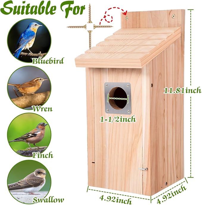 Dreyoo 2 Pack Bluebird Box Houses for Outside,1-1/2'' Entrance Hole Wooden Bird Houses with Metal Guard, Secure Latch,Fledgling Grooves,Air Vents for Bluebird Wren Swallow(Wood)