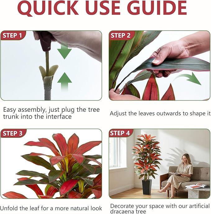 Artificial Red Dracaena Tree - 6FT Tall Fake Plants with Black Square Planter - Artificial Plants Indoor Floor Plant in Pot - Large Tropical Fake Yucca Potted Tree for Home Office Living Room Decor