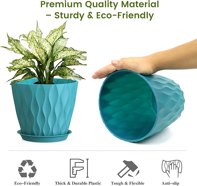 UOUZ 8 Inch Plant Pots, 4 Pack Plastic Planters for Indoor Outdoor with Drainage Holes & Saucers, Waffle Texture Flower Pots for Indoor Plants, Indoor Plant Pots for Monstera, Fiddle Leaf Fig Blue