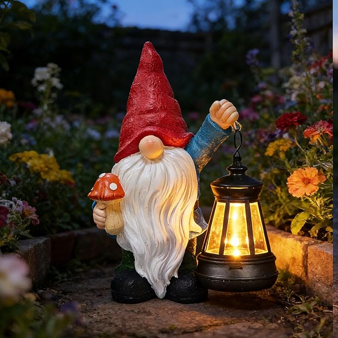 Garden Gnomes Statue with Solar Outdoor Lights, Resin Outdoor Solar Gnome Decorations for Yard Garden, Patio Gnome Gifts for Mom (Art Deco)