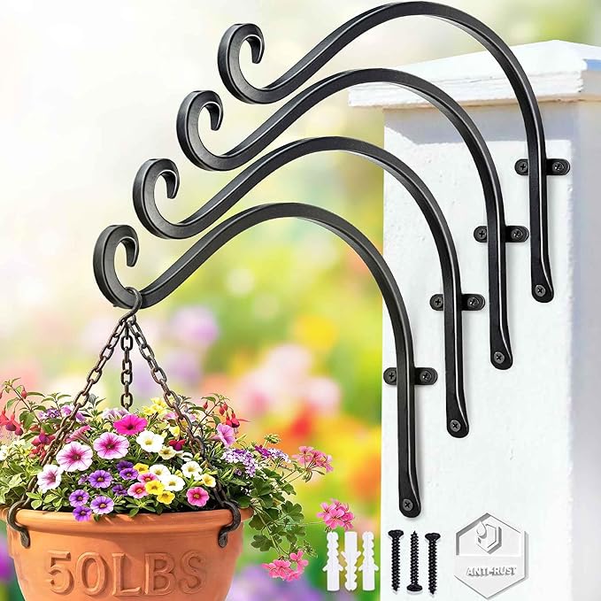 Lifyzoon Hanging Plant Brackets Outdoor: 50lbs Weight Capacity - Hanging Bird Feeder Hangers, 12-Inch Black Metal Outdoor Wall Hooks for Heavy Plants - 4 Pack, Birdhouse, Wind Chimes
