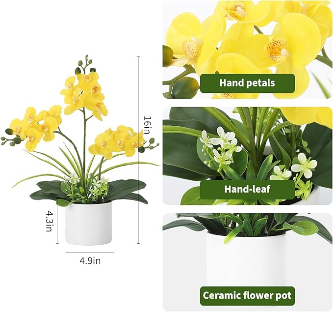 Garvee Real Touch Silk Phalaenopsis Orchid Artificial Flowers - 3 Stems Faux Orchid Bough with Vase, Lifelike Large Fake Flowers in Pot for Home Decor Living Room Bedroom Office Tabletop