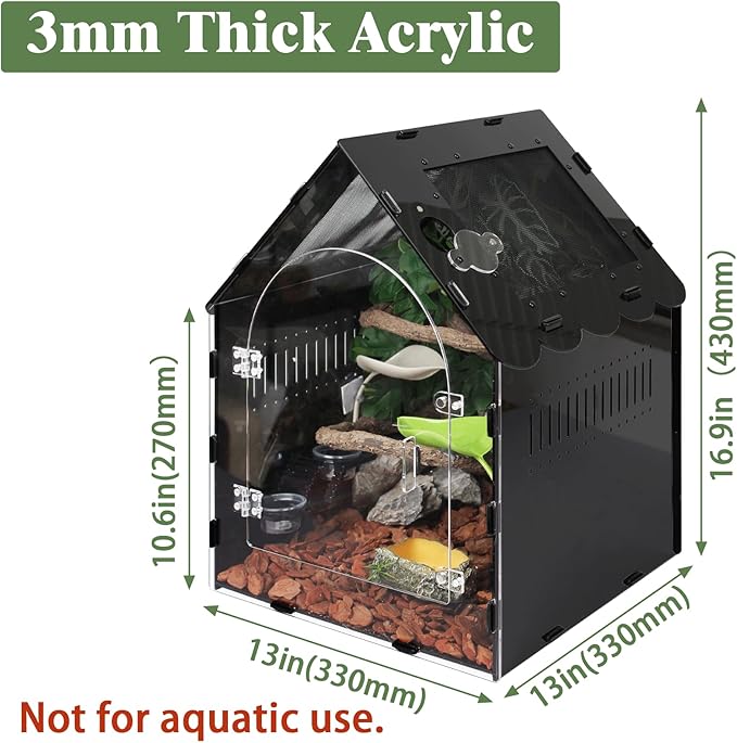 Reptile Terrarium 12.4x12.4x16.2 - Magnetic Front Opening Acrylic Reptile Enclosure, Escape-Proof Black Acrylic Cage for Crested Gecko, Tarantula, Scorpion & Arboreal Pets with Feeding Lid & Wave Roof