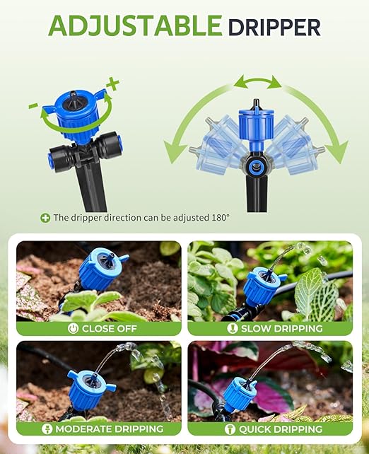 HIRALIY 100FT Pressure Compensated Drip Irrigation System with Timer, No-Leak Quick Connect Automatic Watering System, 24 Adjustable Emitters for Uniform Flow, Garden, Patio, Raised Bed