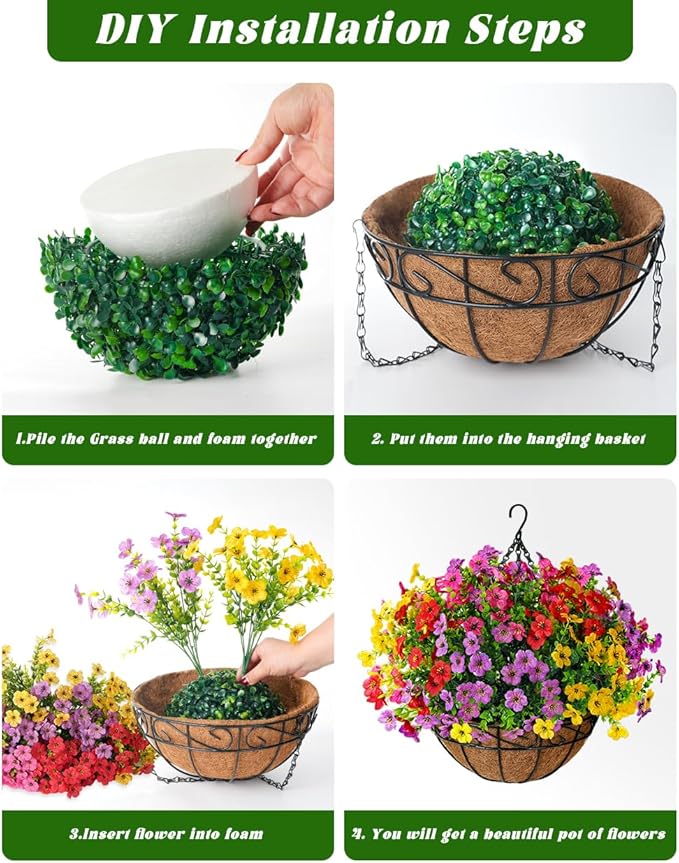 TDHDIKE Artificial Faux Fake Hanging Flowers Plants Basket for Summer Outdoor Outside Decoration UV Resistant Fake Silk Colorful Daisy Eucalyptus for Porch Patio Balcony Yard Garden Home Decor