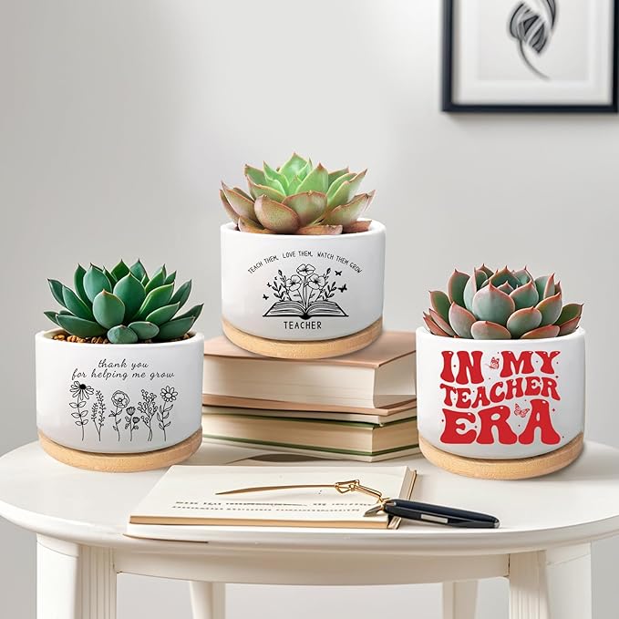 Thank You Gifts for Teacher from Students, Ceramic Plant Pot for Succulent, Flower Planter, Teacher Appreciation Gifts for Teachers Day, Thank You for Helping Me Grow (Plants Not Included)