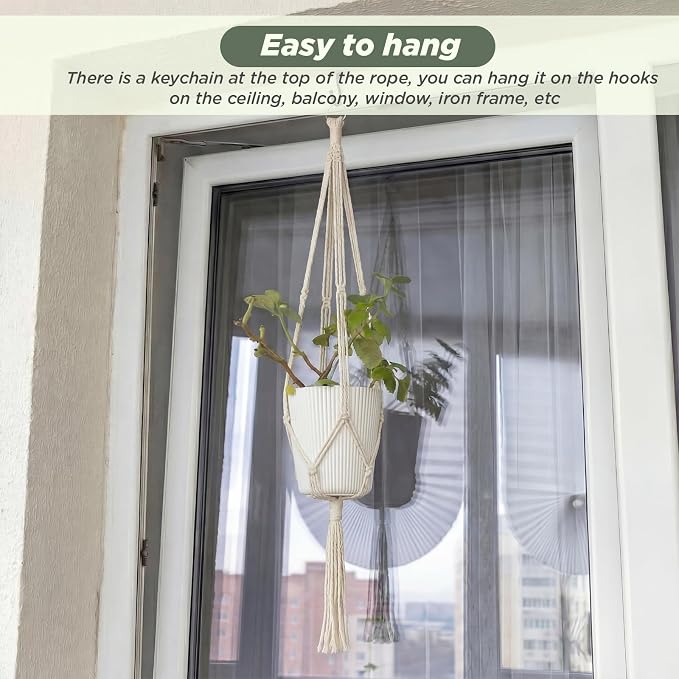 EBOOT 2 Pack 48 Inch Large Macrame Plant Hanger Rope to Hang Flower Pot Plant Holder for Indoor Outdoor Decorations, 4 Legs (Ivory White)