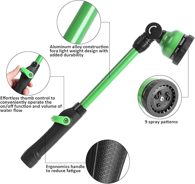 STYDDI Watering Wand 18”, Metal 9 Pattern Garden Watering Wand with Pivoting Head and Thumb Control, 18-Inch Watering Wand for Garden Hose, Ideal for Watering Hanging Basket and Shrubs, Flower, Green