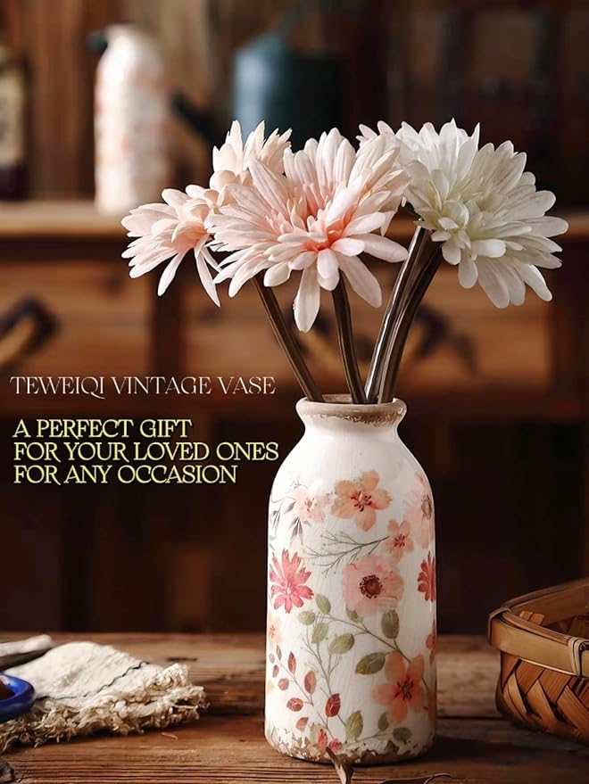 Vintage Flora Ceramic Vase Set, Retro Rustic Cute Vase Gift, Art Decorative Vase for Your Home, Kitchen, Bedroom, Office, Living Room, Bathroom, & Shelf Centerpiece Table Decorations