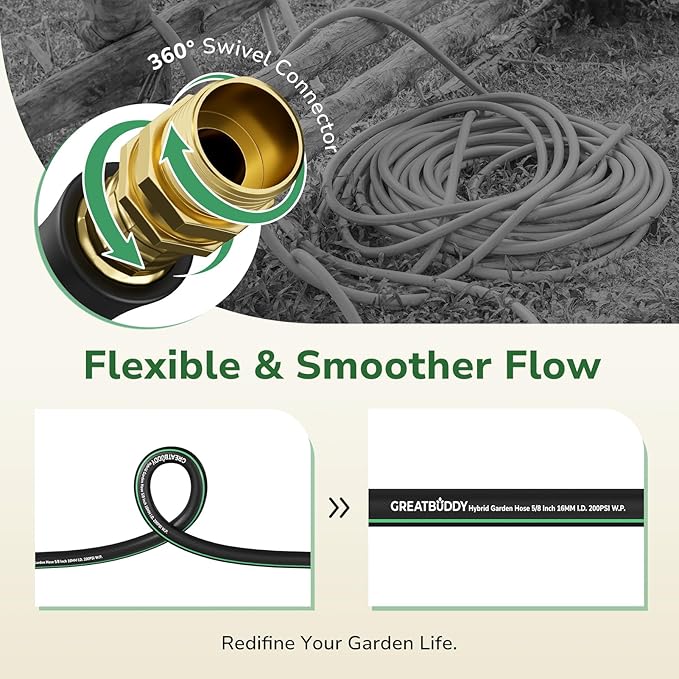 GreatBuddy Garden Hose 25ft, 5/8" Water Hose Heavy Duty, Flexible, Lightweight Hybrid Hose, Burst 600 PSI with Solid Brass Male to Female Fittings Leakproof Hose for Backyard, Garden
