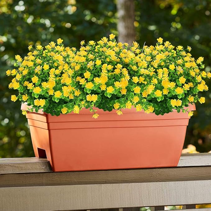 24 Bundles Outdoor Artificial Flowers UV Resistant Fake Boxwood Plants, Faux Greenery for Indoor Outside Hanging Plants Garden Porch Window Box Home Wedding Farmhouse Décor (Yellow)
