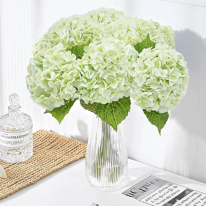 6Pcs Hydrangea Artificial Flowers Realistic Latex Texture for Spring Decoration Home Party Wedding Living Room Decoration 21''Light Green