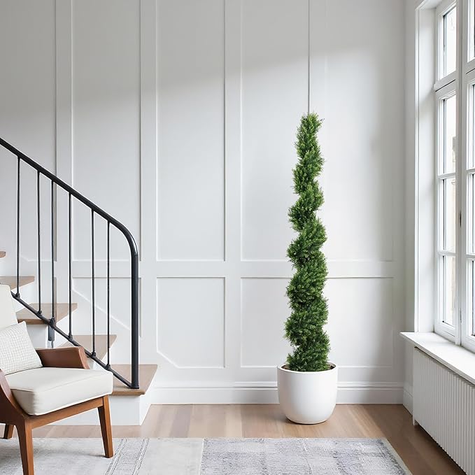 THE BLOOM TIMES 6ft Spiral Artificial Topiary Trees Set of 2, 71 inch Faux Cedar Trees for Outdoor Planters - Fake Twist Cypress Plants for Garden Front Porch Indoor Outside Decor 6 Foot