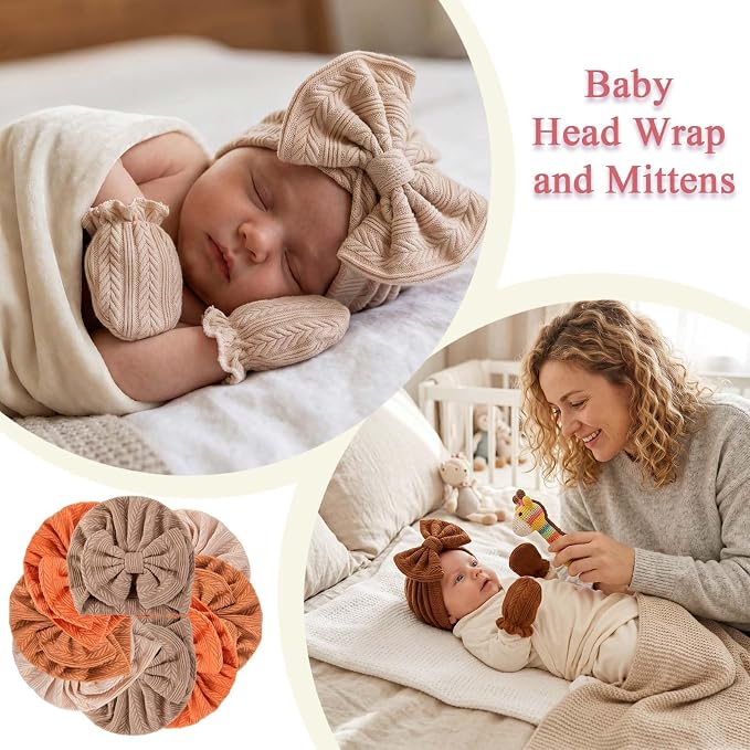 Newborn Baby Girl Hats Mittens Set Cotton Hospital Bow Hat Beanies Caps Gloves for New Born Girls 0-6 Months