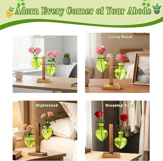XXXFLOWER Plant Terrarium Propagation Station, Gifts for Mom Daughter Wife Plant Lover, Hydroponic Planter Bulb for Home Office Garden Decoration - 2 Green Love Bulb Vase with Wooden Stand