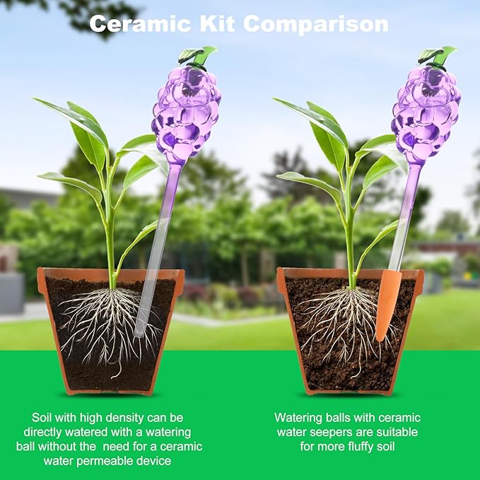 3 Packs Grape Plant Watering Globes with Terracotta Stakes, Glass Self-Watering Planter Insert, Automatic Watering Bulbs for Indoor & Outdoor Plants, Refillable via Top Opening