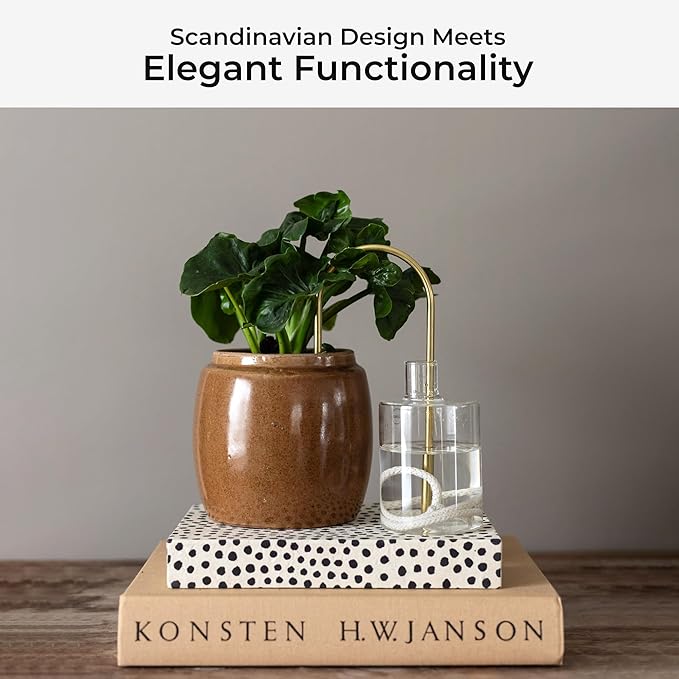 Beautiful Self-Watering Wick System for Effortless Plant Care, Automatic Drip Irrigation, Sustainable & Stylish Scandinavian Design, Ideal for House Plants (M, Brass Patina)