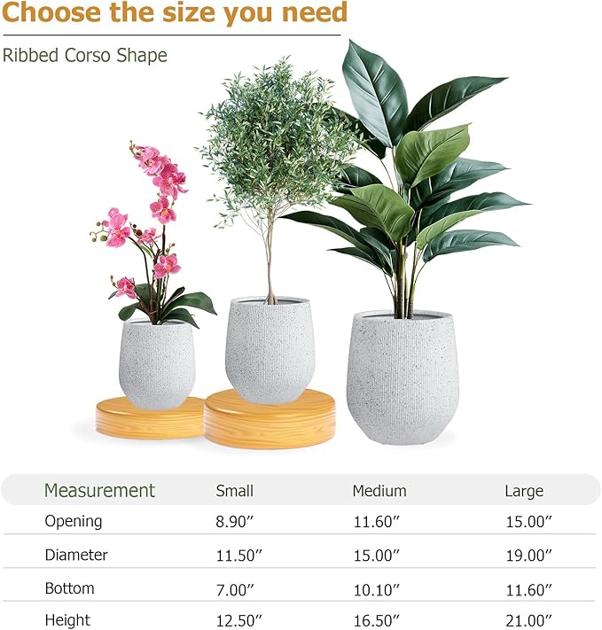 21"H x 19"D Premium Ribbed Corso Fiberstone Round Tapered Planter with Drainage Hole, Weather Resistant for Indoor & Outdoor Use, 2 Extra Coco Mats (Ribbed Speckled White, 15" Pot Opening)