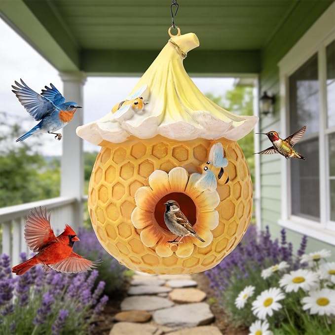 Bird Houses for Outside Yellow Cottage Resin Birdhouse, Garden Outdoor Decor Bird House with Flower and Bees, Birdhouses for Outdoors for Bluebird Finches Cardinals