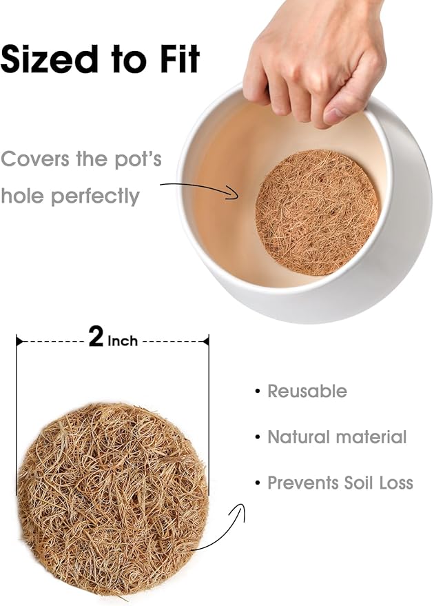 LE TAUCI Coconut Coir Drainage Mesh Pads for Flower Pots, Pre-Cut 2 Inch Pot Hole Covers to Prevent Soil Loss, Natural Coir Fiber Liners for Indoor & Outdoor Planters, 20 Pack