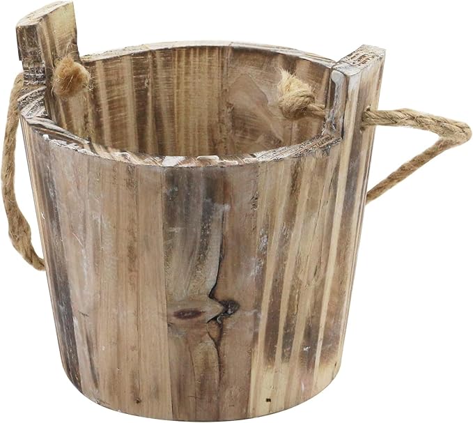 MY MIRONEY 20 OZ Plant Pots, Vintage Wooden Barrel Planter - Solid Rustic Garden Flower Pot with Metal Handles & Frame for Indoor Planter, Office Home Decor, Garden Home Plants, 5.12" x 3.82"