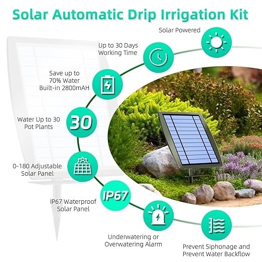 Solar Drip Irrigation System - Supports 20-30 Pots, 12 Timing Modes - Drip Irrigation Kit,Automatic Plant Garden Watering System for Outdoor Plants,Garden, and Potted Plants