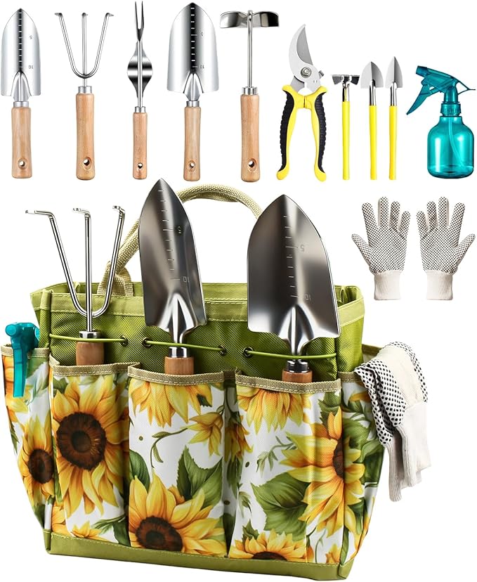 MOSFiATA 12Pcs Garden Tools Set, Heavy Duty Gardening Kit with Organizer Bag, for Digging, Weeding, Transplanting, Pruning Ideal Gardening Gifts