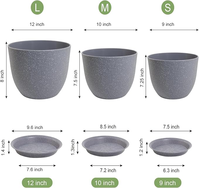 UOUZ 12/10/9 Large Modern Plant Pots, Plastic Planters with Drainage Holes and Saucers for Indoor Outdoor Plants Flowers, Grey Speckles