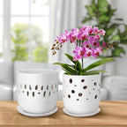 Set of 2 Orchid Pot, 5+6 Inch Orchid Pots with Holes, Orchid Pots for Repotting, Ceramic Flower Pots with Drainage and Tray, Planters for Indoor/Outdoor Plants - White