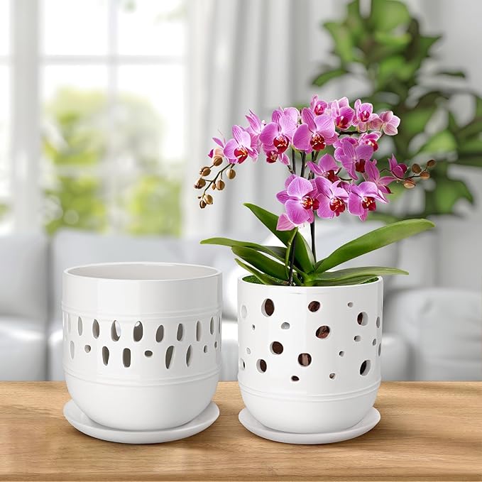 Set of 2 Orchid Pot, 5+6 Inch Orchid Pots with Holes, Orchid Pots for Repotting, Ceramic Flower Pots with Drainage and Tray, Planters for Indoor/Outdoor Plants - White
